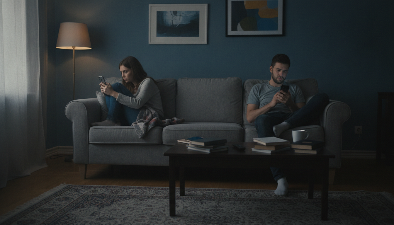 Paar sitzt distanziert auf dem Sofa und schaut getrennt auf ihre Handys