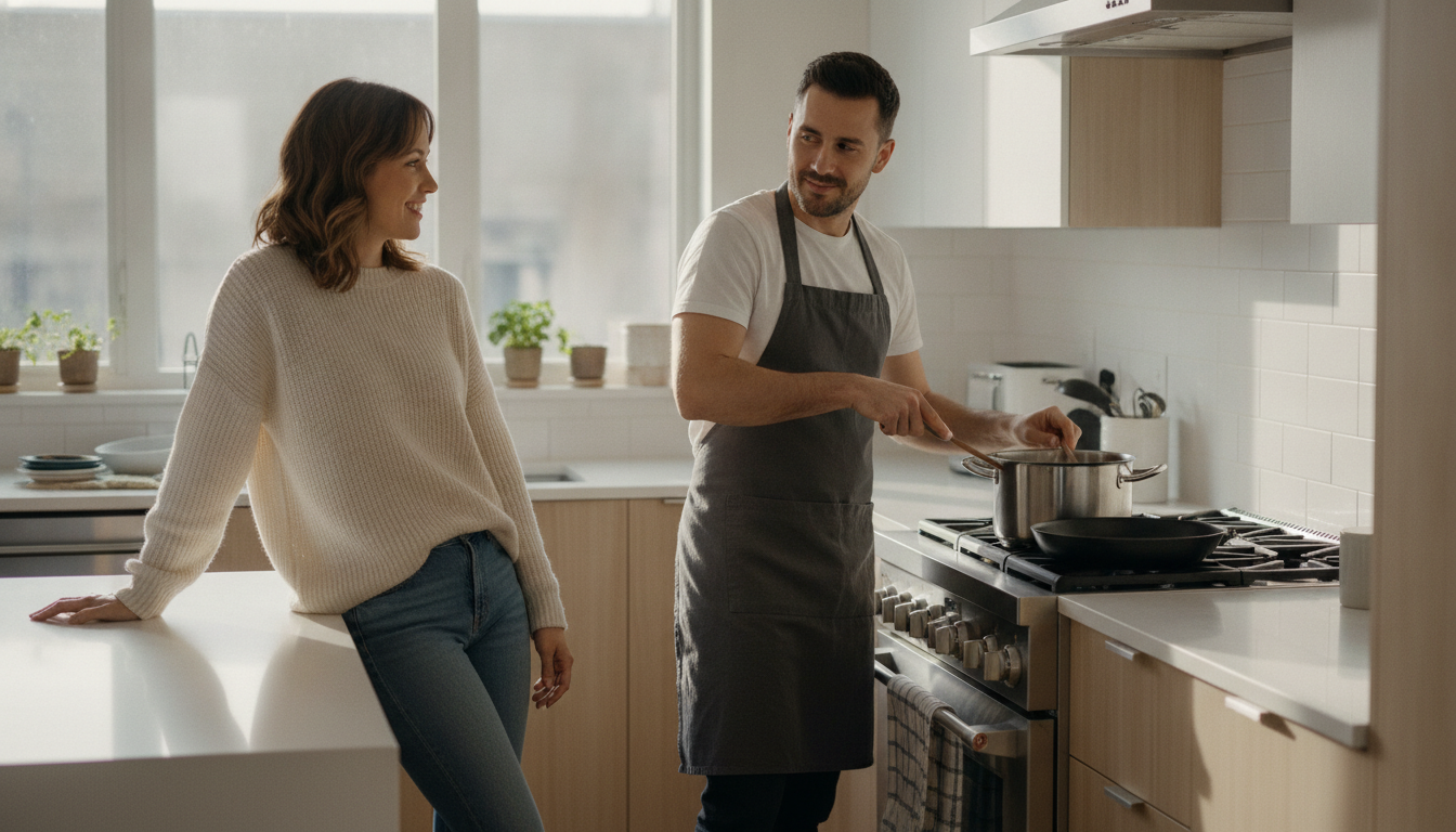 Frau beobachtet lächelnd den Mann beim Kochen in der gemeinsamen Küche
