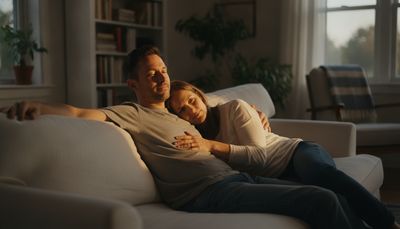 Mann entspannt auf dem Sofa mit Partnerin, die beruhigend seine Hand hält